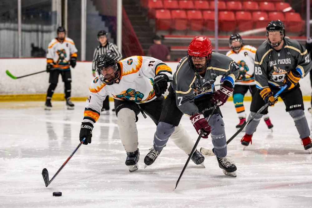 Two players chasing the puck during a game